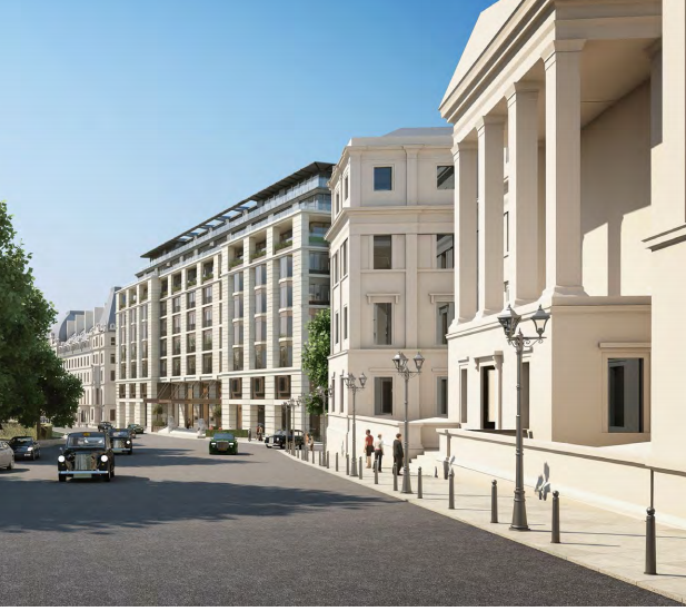 A prestigious London streetscape with neoclassical hotels and residences