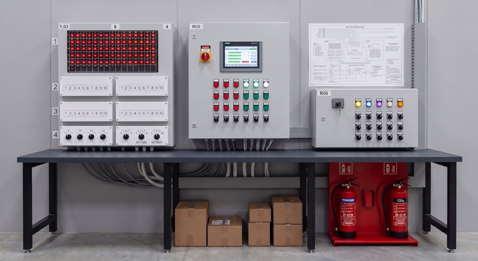 Indicator and control panels on the test bench